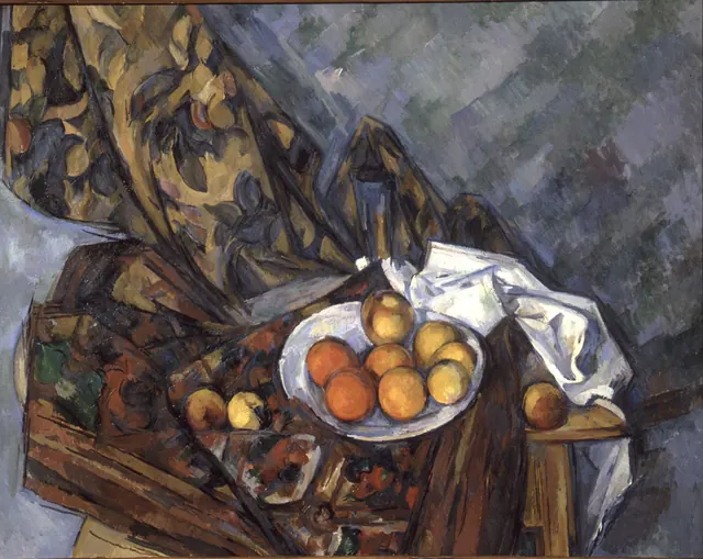 Cézanne, Nature morte, rideau à fleurs et fruits