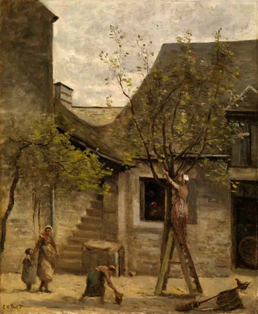 Corot, Cour de ferme, arbres (Maisons de paysans à Fontainebleau)