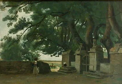 Corot, Paysage breton, une grille ombragée par de grands arbres