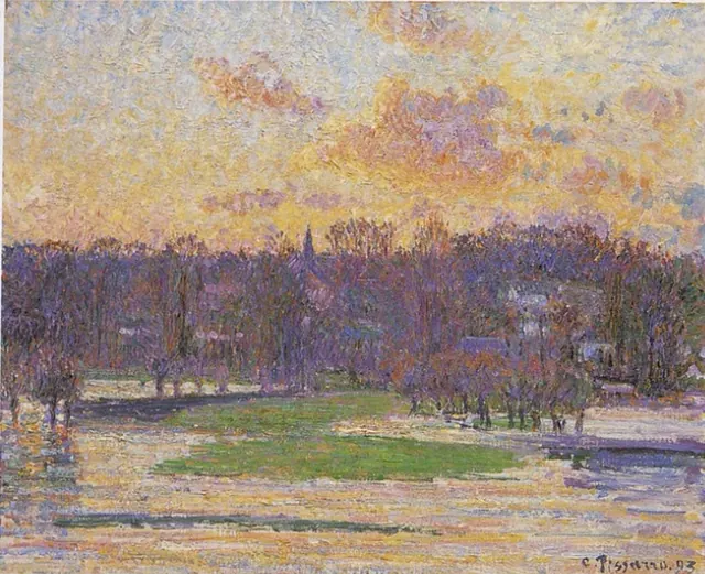 Pissarro, Vue de Bazincourt, inondation, soleil couchant