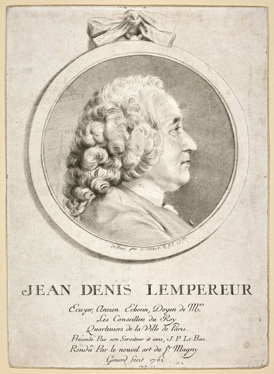 Jean-Denis Lempereur, son mari, dessiné par Charles-Nicolas Cochin le fils en 1759 et gravé par Pierre Gonord en 1761